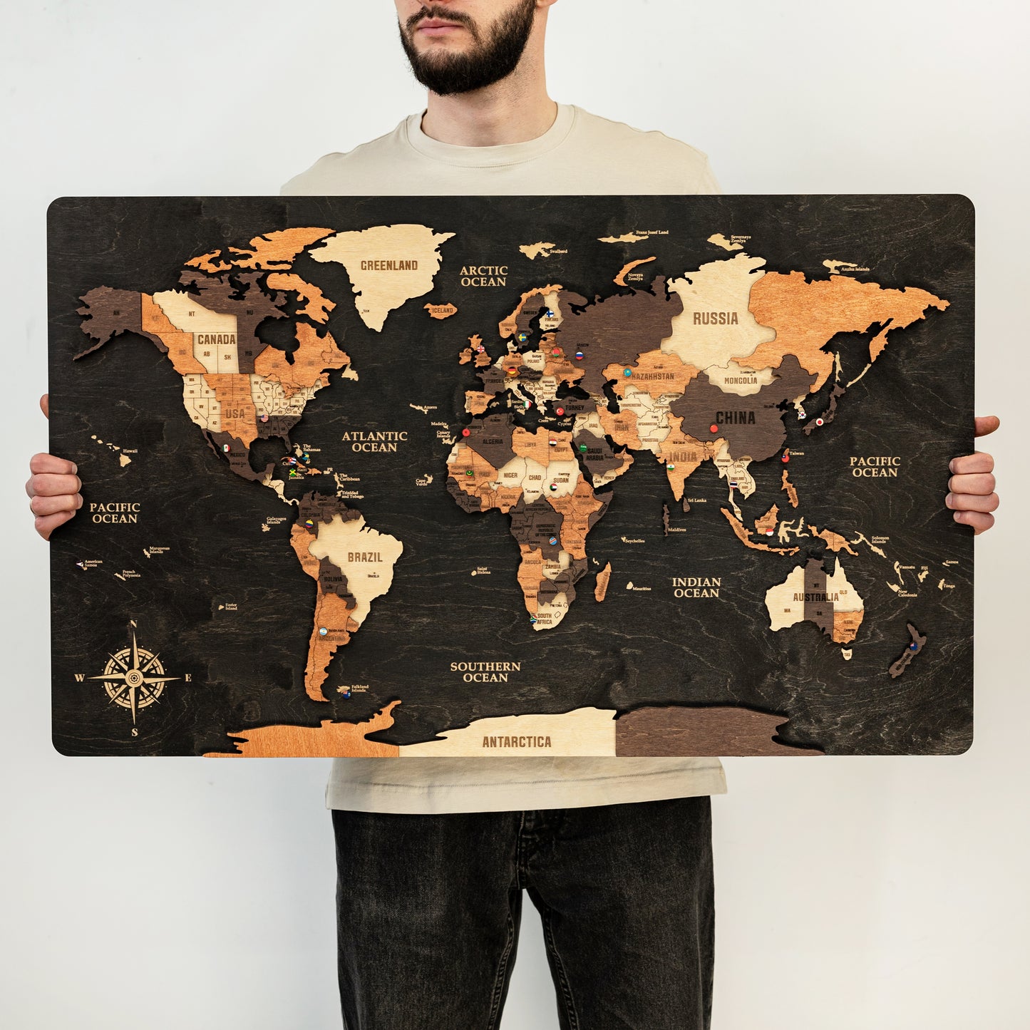 3D Wooden World Map - Black