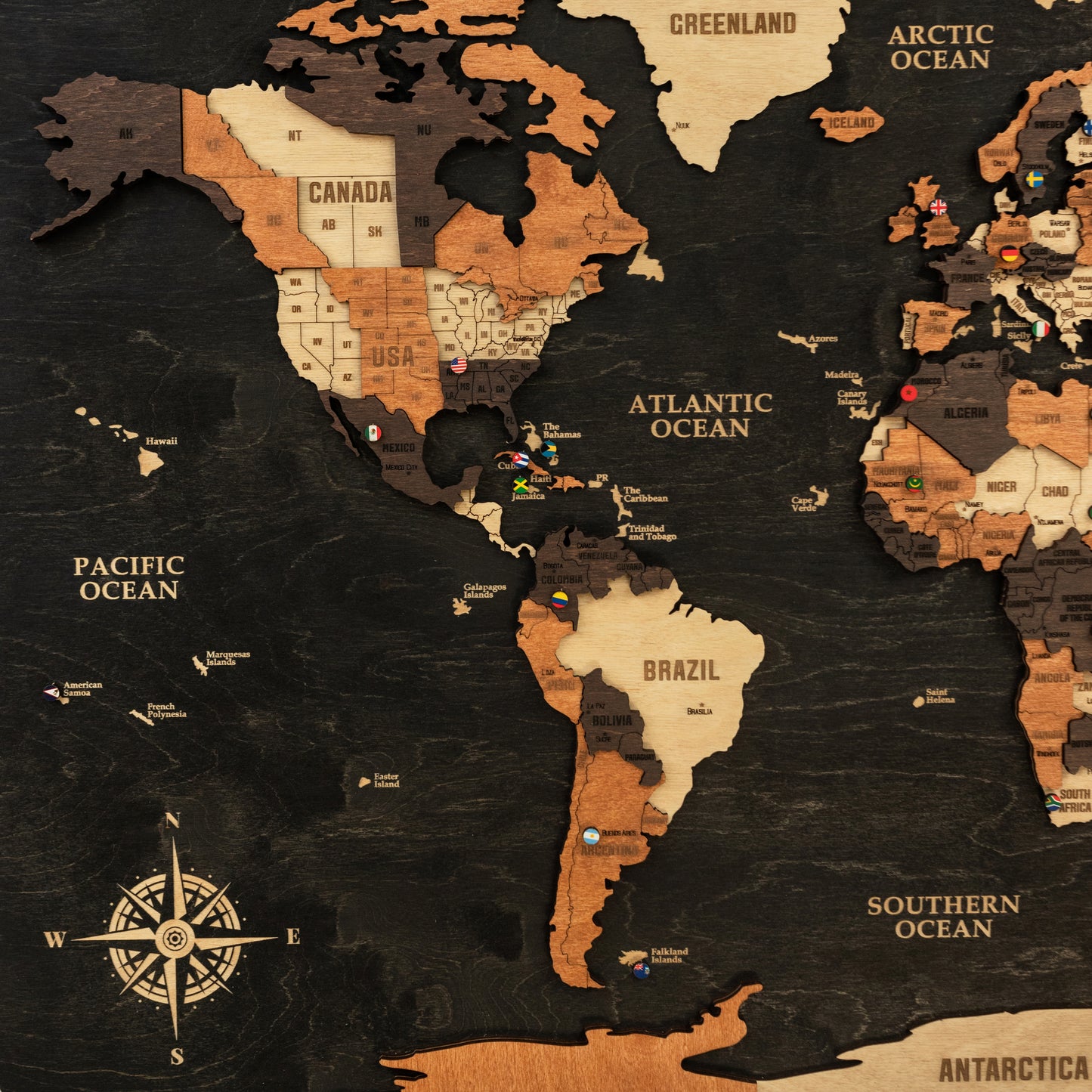 3D Wooden World Map - Black
