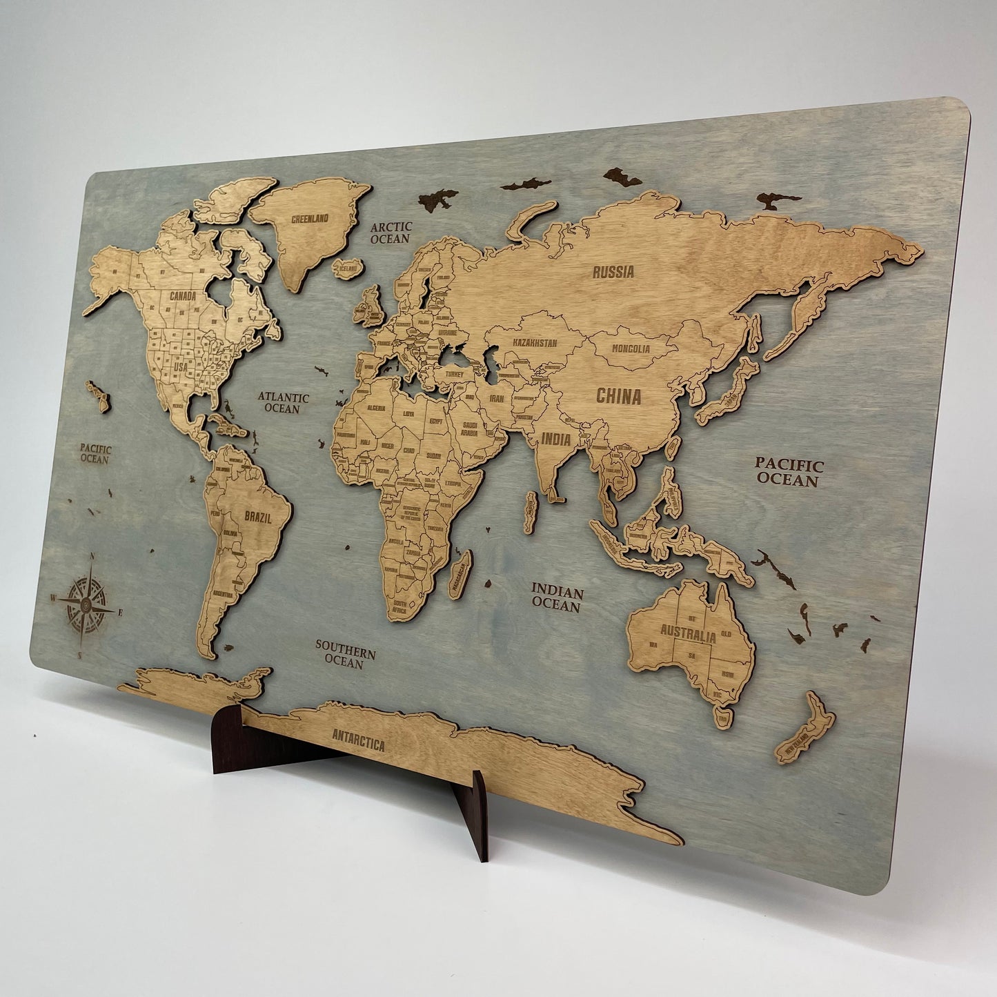 Wood World Travel Map – Bleached Blue Wooden Wall Art - MyWanderMap