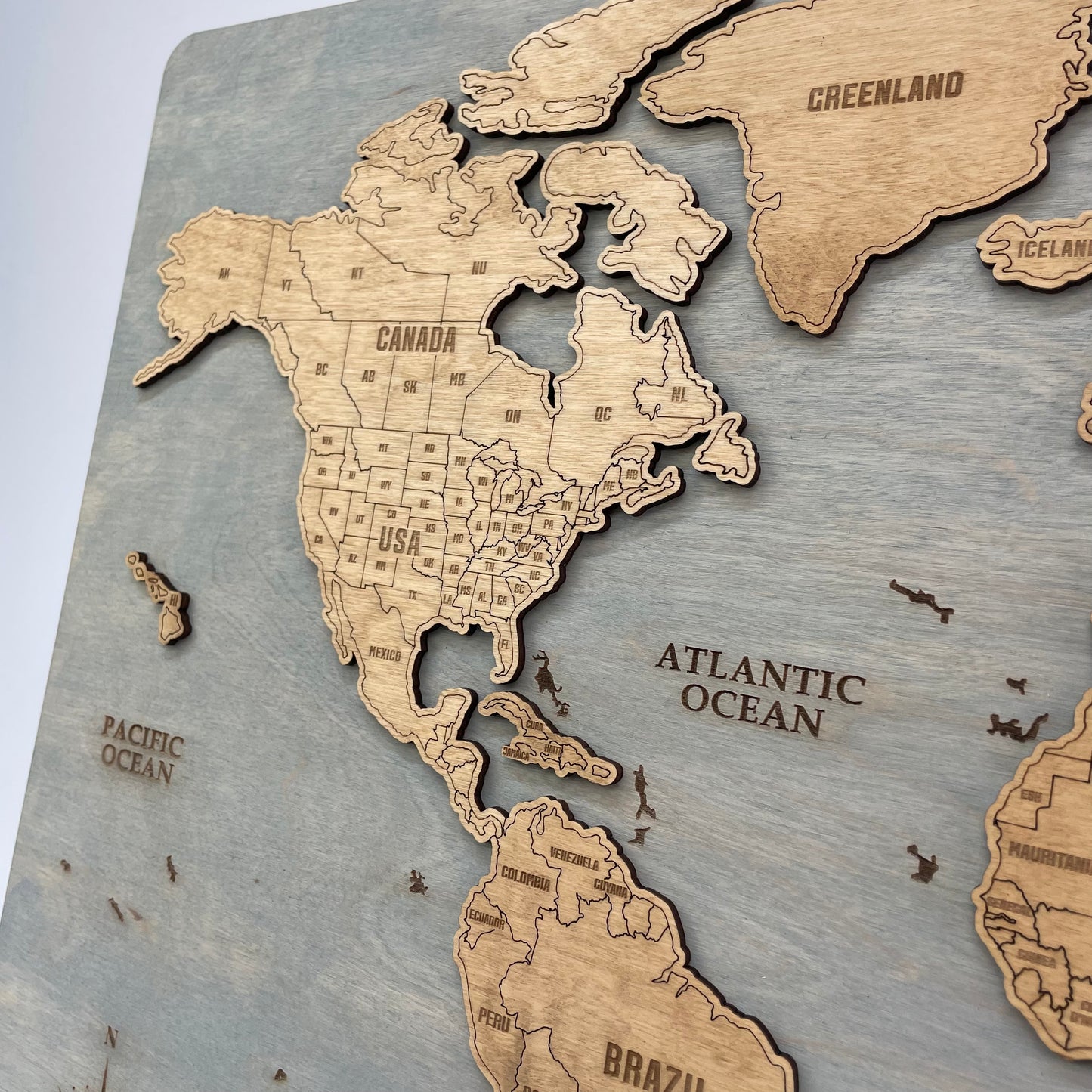 Wood World Travel Map – Bleached Blue Wooden Wall Art - MyWanderMap