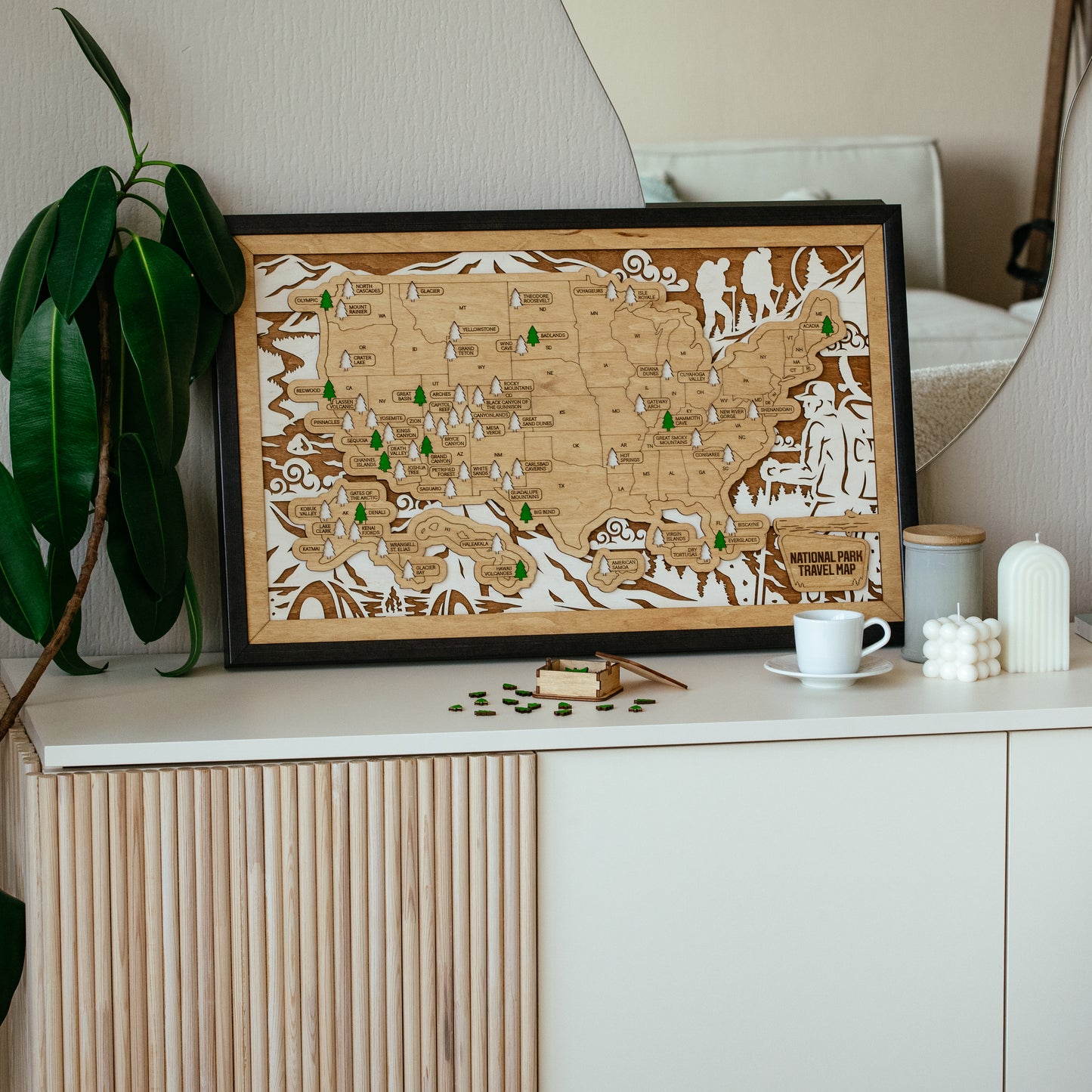 US 3D Wooden National Parks Travel Map With Trees To Record Park Visits (Hiking)