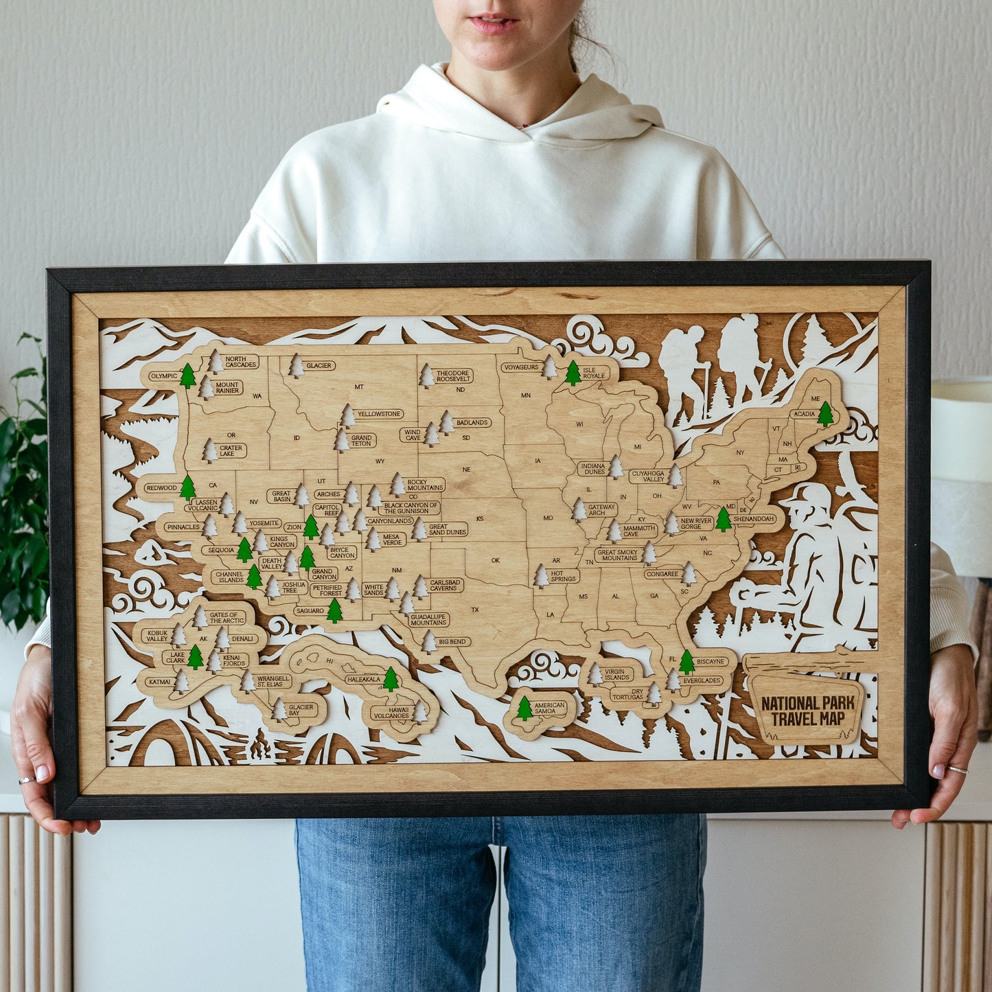 US 3D Wooden National Parks Travel Map With Trees To Record Park Visits (Hiking)