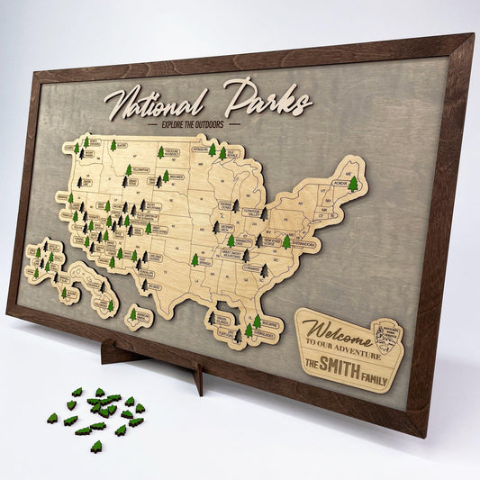 US Wood National Parks Travel Map (Light grey) - MyWanderMap