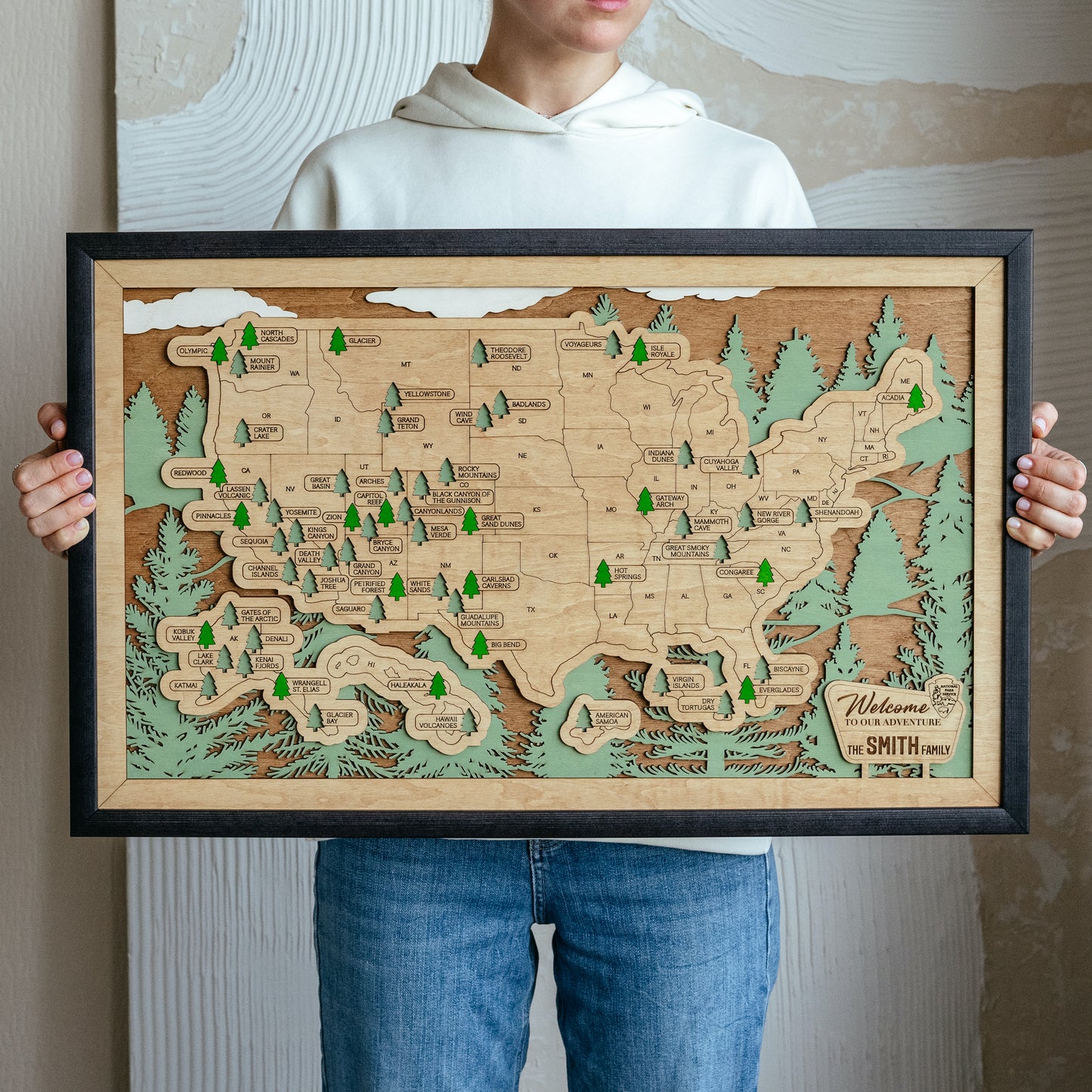 US 3D Wooden National Parks Travel Map With Trees To Record Park Visits (Forest)