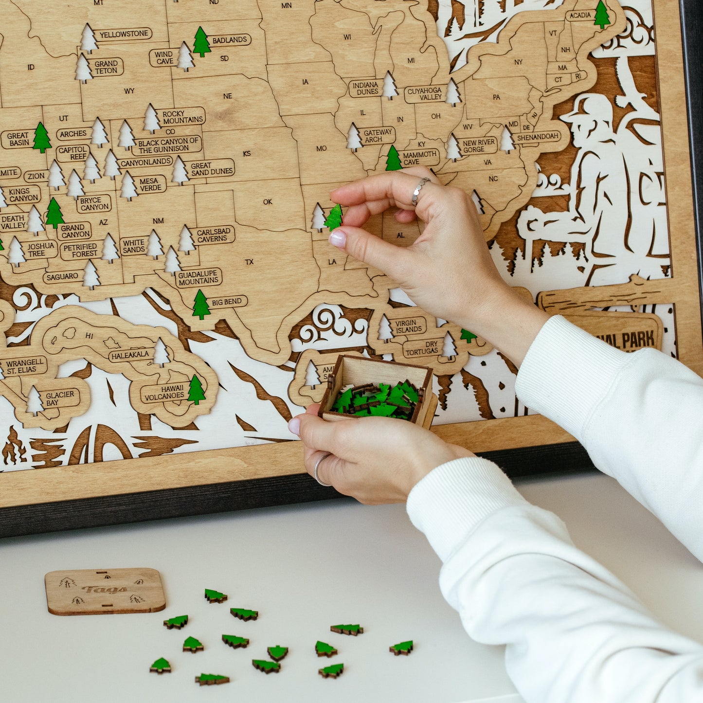 US 3D Wooden National Parks Travel Map With Trees To Record Park Visits (Hiking)