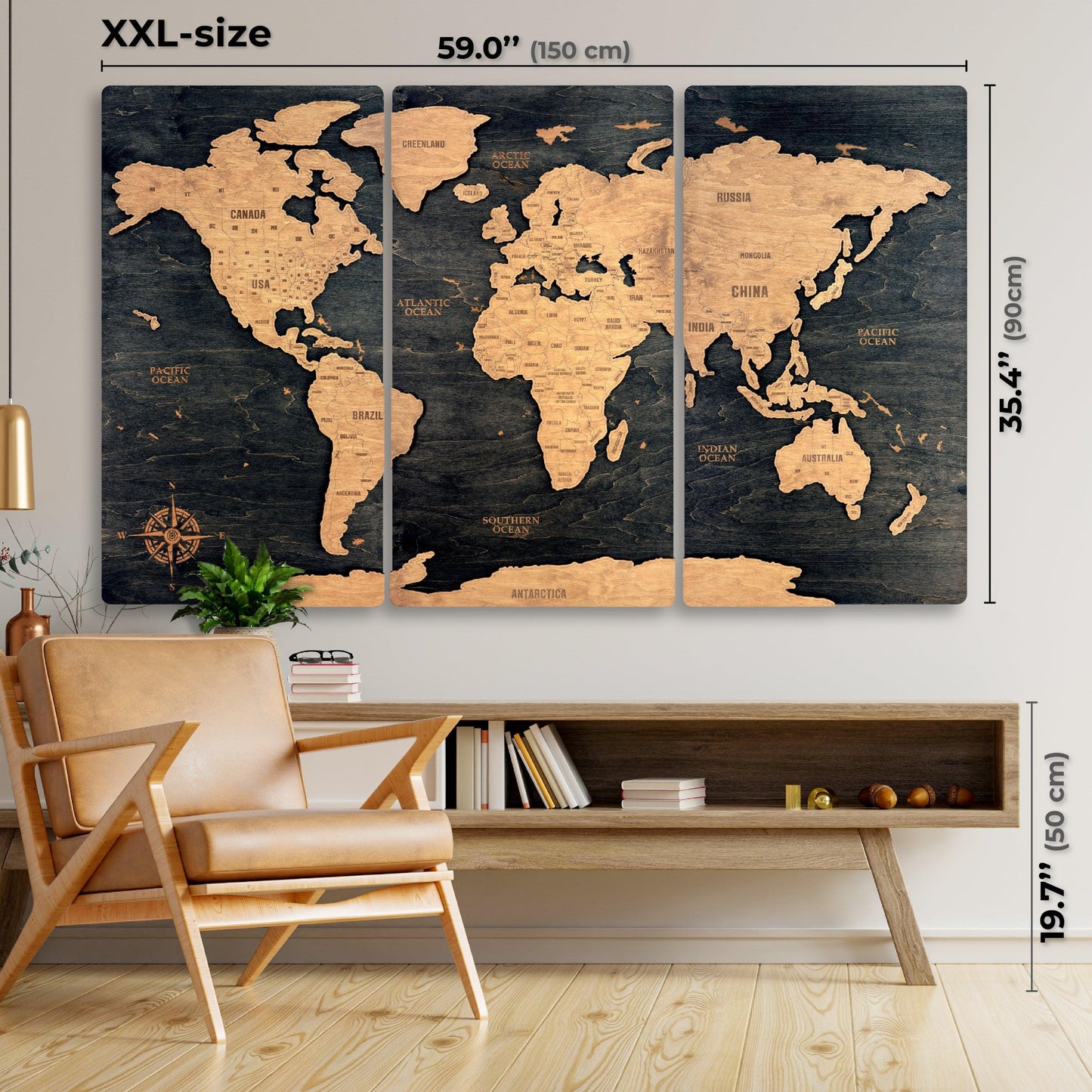 3D Wooden Triptych World Map Black - MyWanderMap