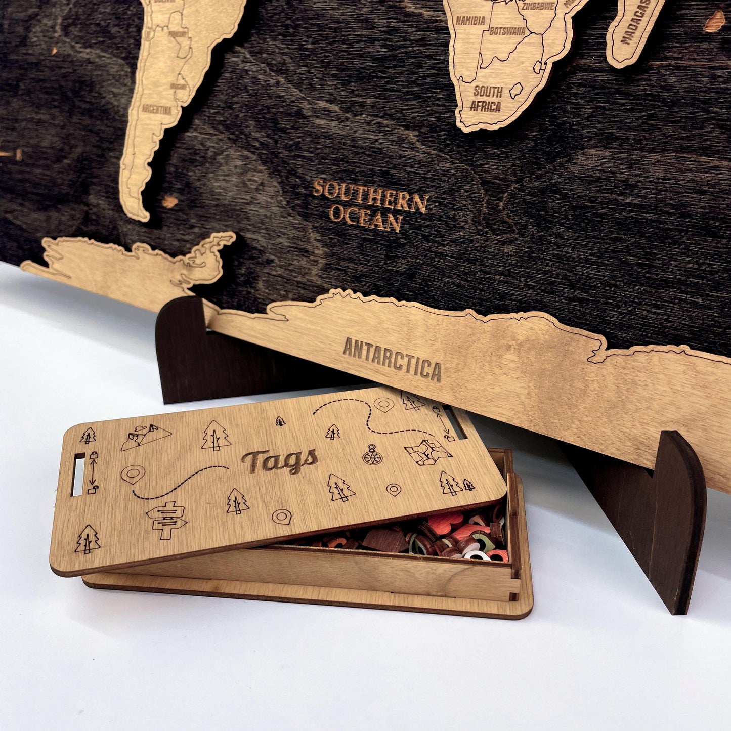 3D Wooden Triptych World Map Black - MyWanderMap