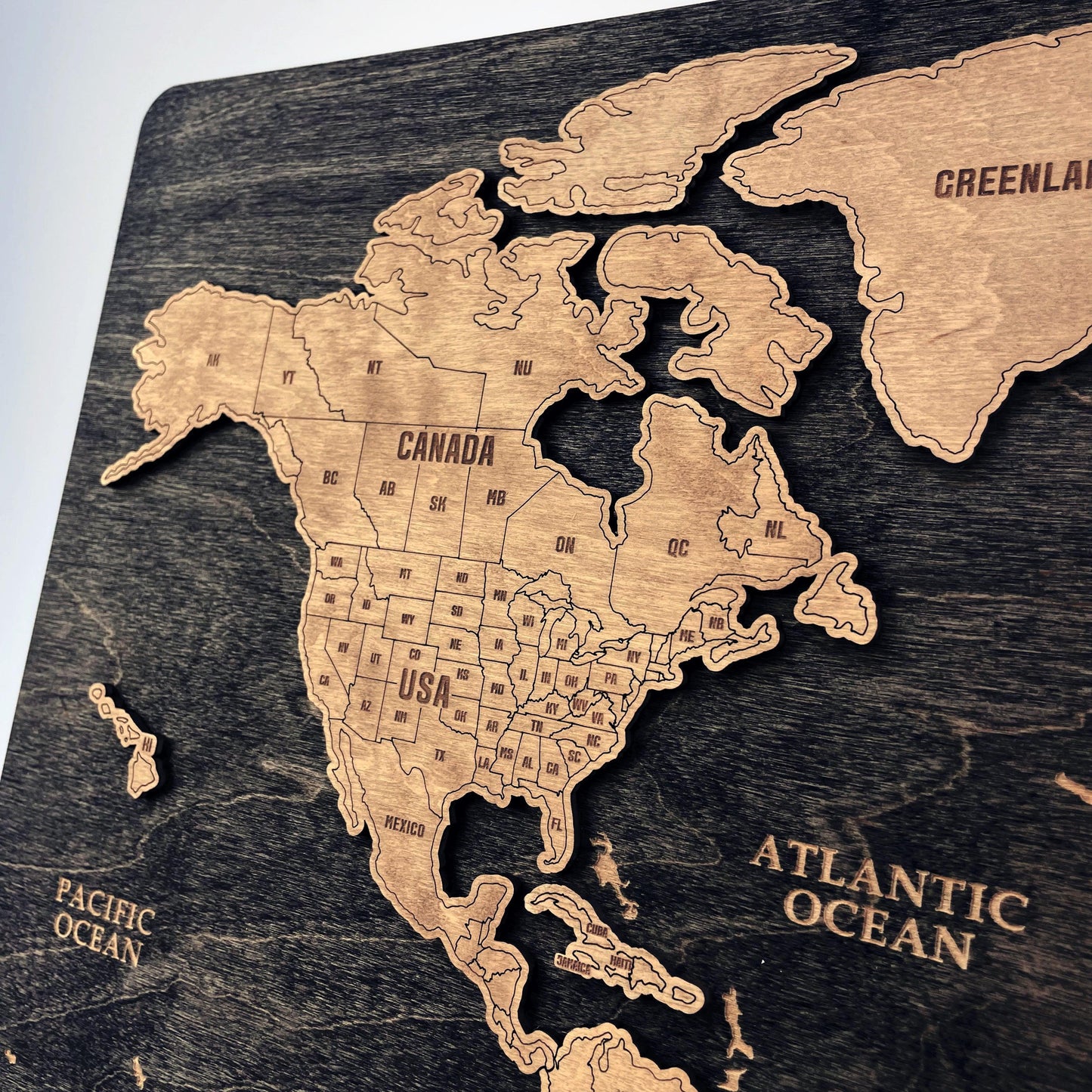 3D Wooden Triptych World Map Black - MyWanderMap