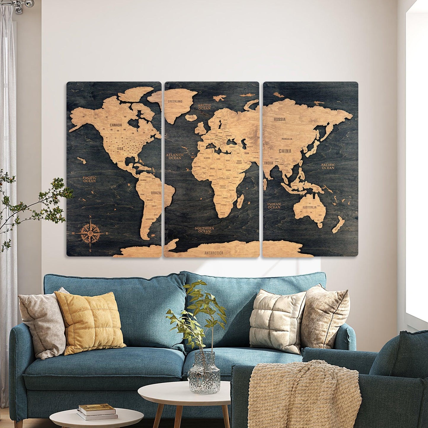 3D Wooden Triptych World Map Black - MyWanderMap