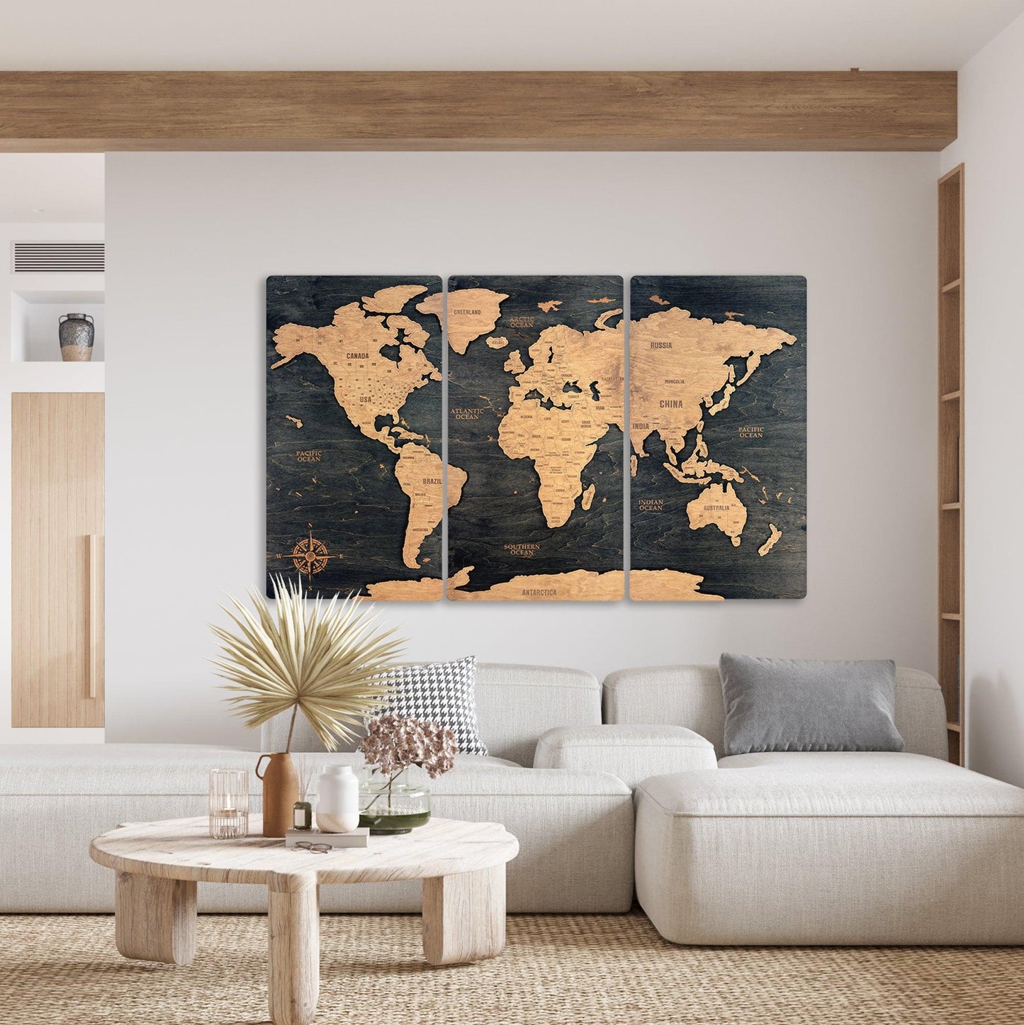 3D Wooden Triptych World Map Black - MyWanderMap