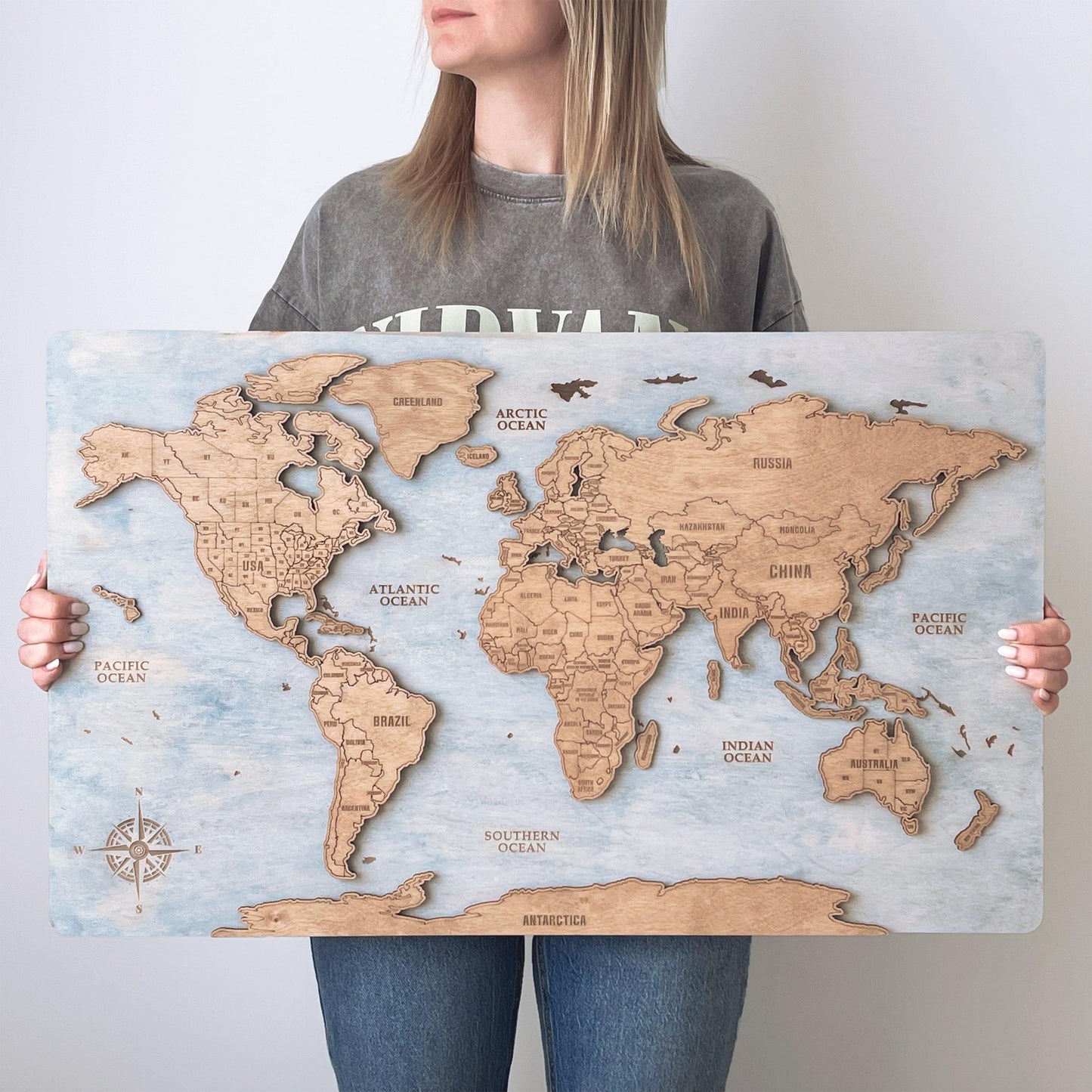 Wood World Travel Map – Bleached Blue Wooden Wall Art - MyWanderMap