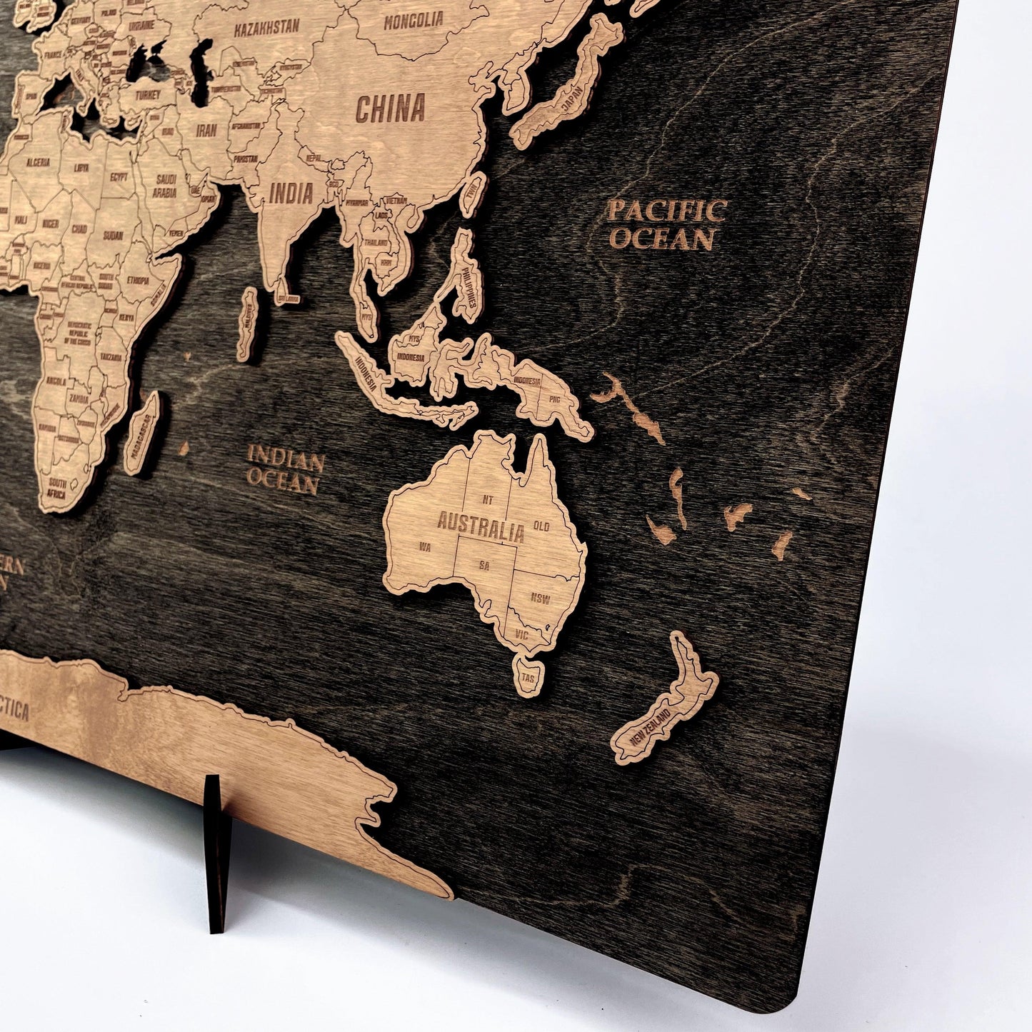 3D Wooden Triptych World Map Black - MyWanderMap