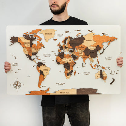 3D Wooden World Map - White