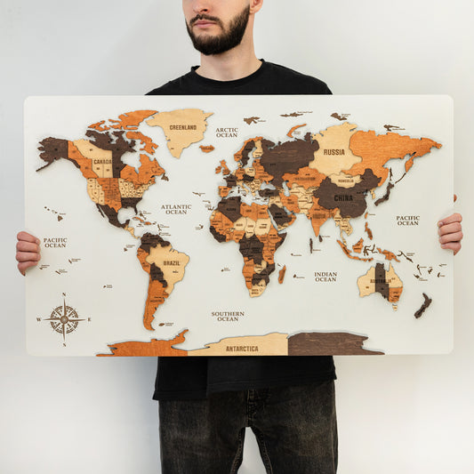 3D Wooden World Map - White