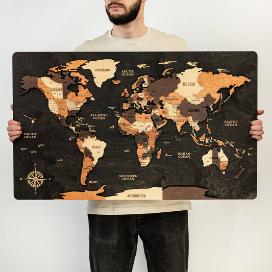 3D Wooden World Map - Black