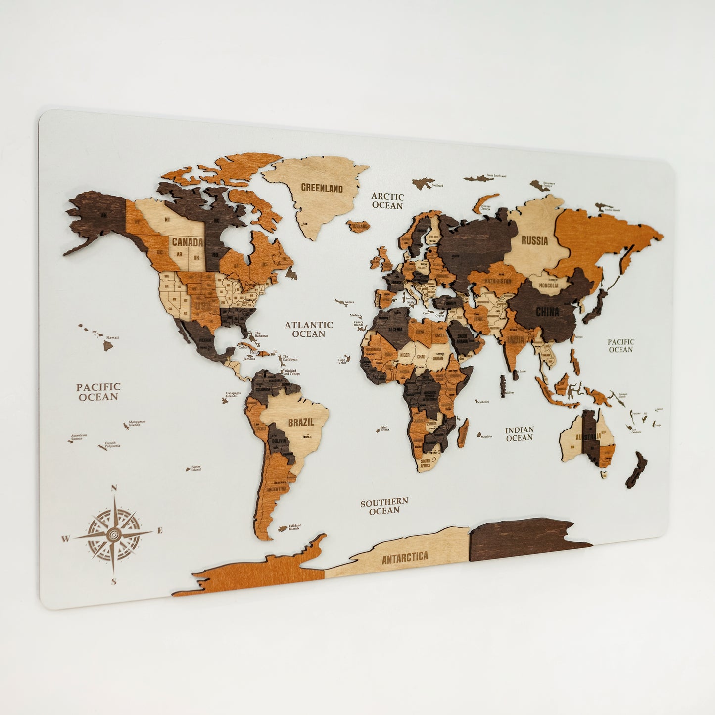 3D Wooden World Map - White