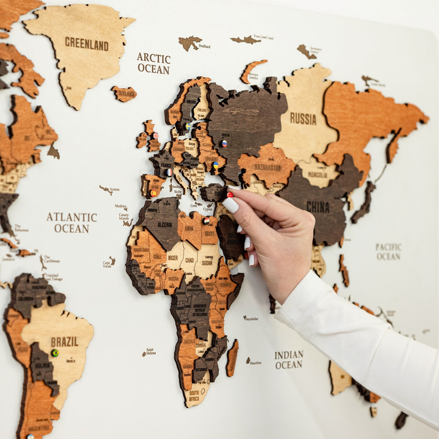 3D Wooden World Map - White