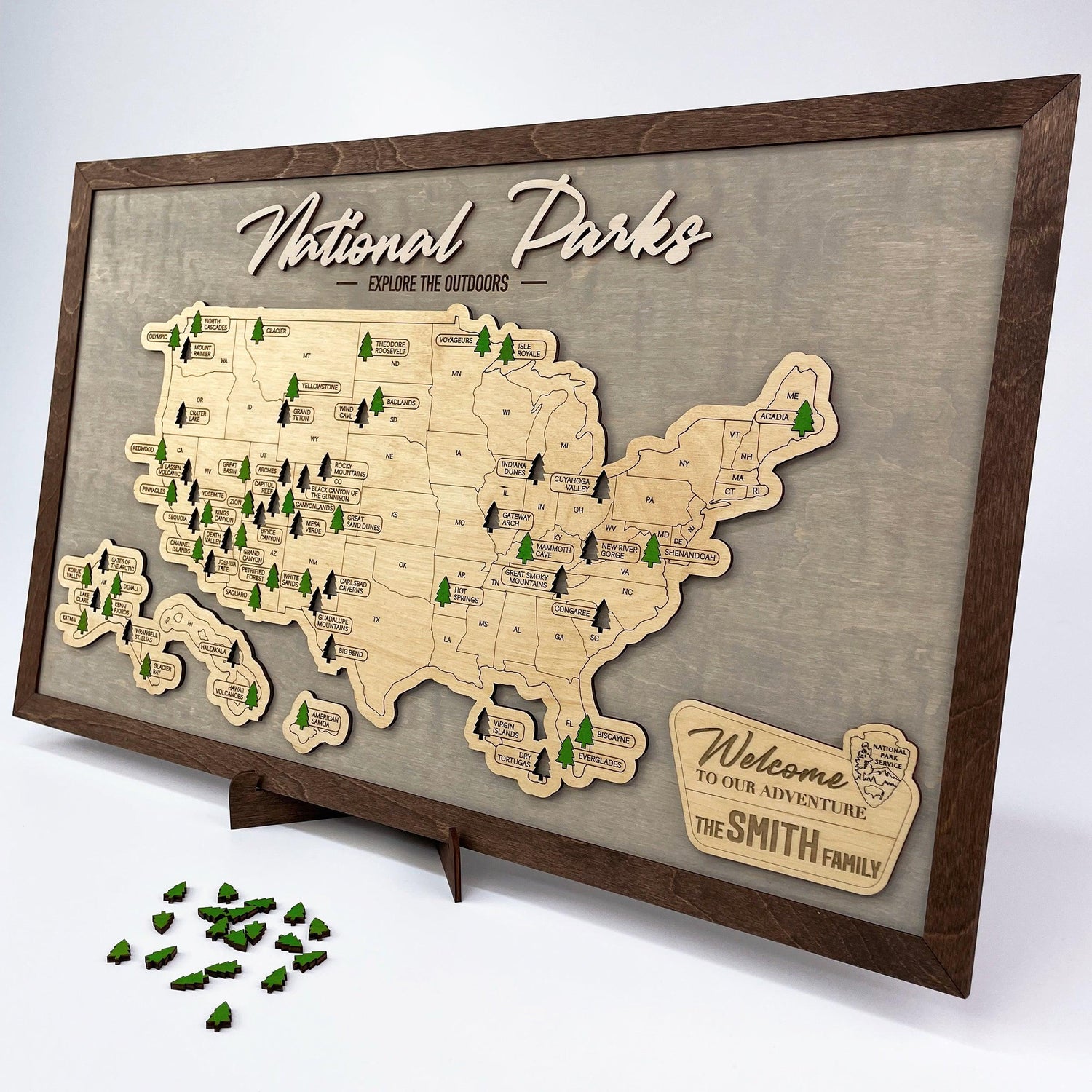 US Wood National Parks Travel Map (Light grey) - MyWanderMap