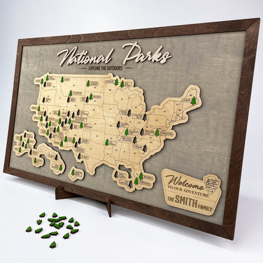 US Wood National Parks Travel Map (Light grey)