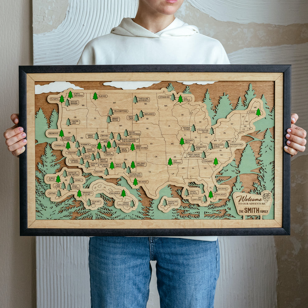 US 3D Wooden National Parks Travel Map With Pins (Forest)